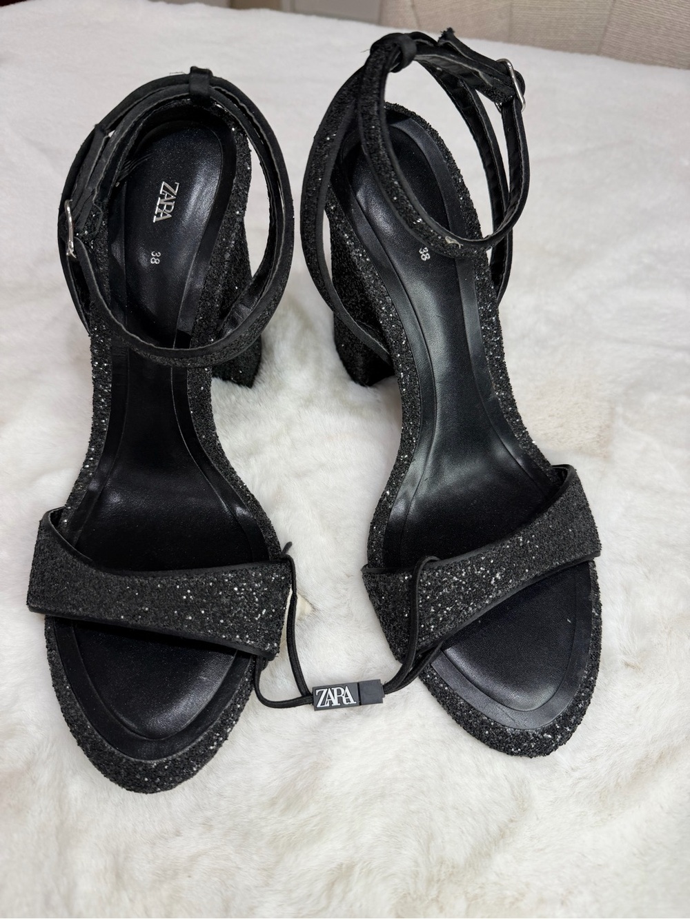 Zara Black Glitter Ankle-Strap Block Heels Size 38 (7.5)